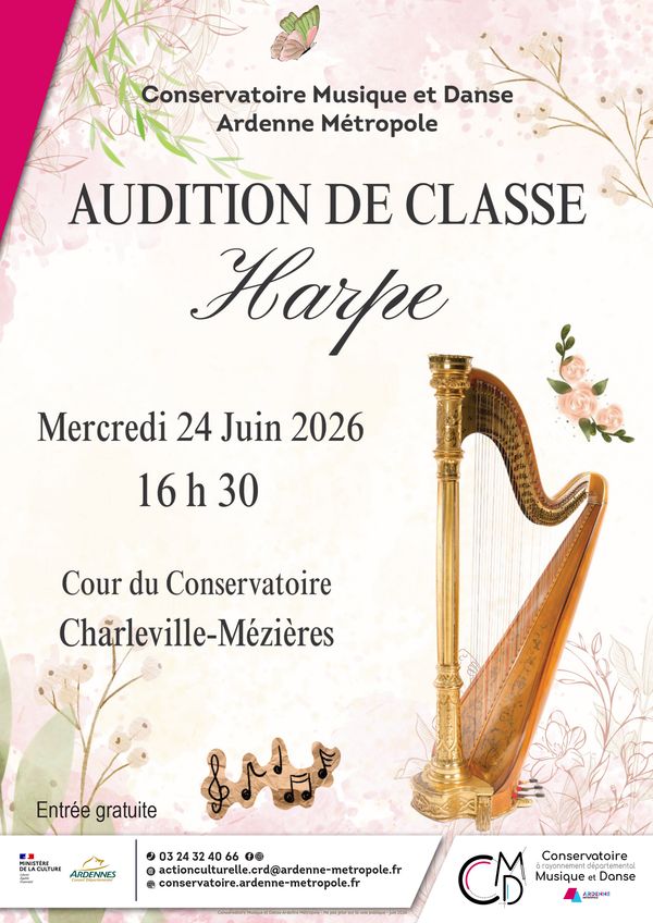 Audition de classe : harpe - Concert à Charleville-Mezieres au Cour du Conservatoire le 24 juin 2026