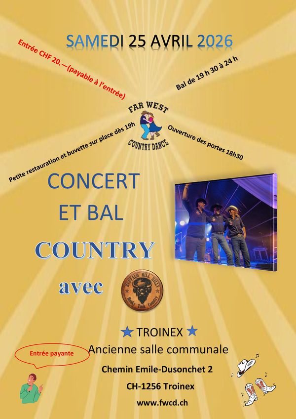 Concert et bal country avec Buffalo Hill Billy - Concert à Troinex au Ancienne salle communale le 25 avril 2026
