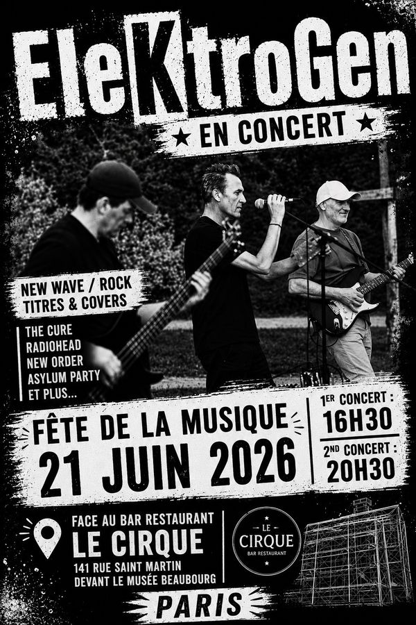 EleKtroGen en concert - Concert à Paris au Face au bar restaurant Le Cirque au 141 rue St Martin devant le musée Beaubourg le 21 juin 2026