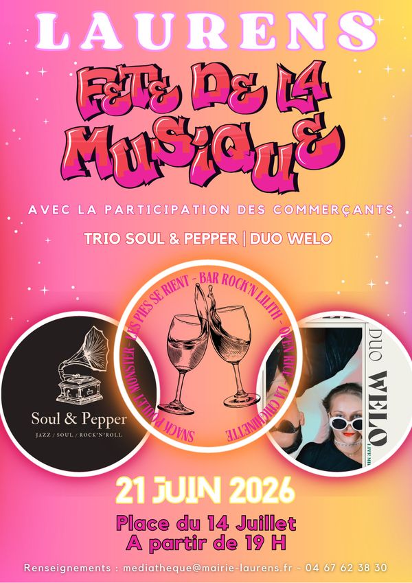 Musique et saveurs avec Saoul & Pepper et Welo - Concert à Laurens au Place du 14 Juillet 34480 LAURENS le 21 juin 2026